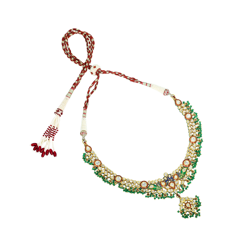 Peacock Polki Necklace with Multicolour Enamel and Bead Drops